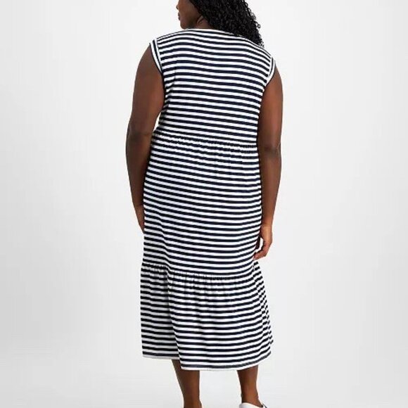 Tommy Hilfiger Womens Plus 2X Navy White Striped Tiered Sleeveless Midi Dress - Picture 2 of 10